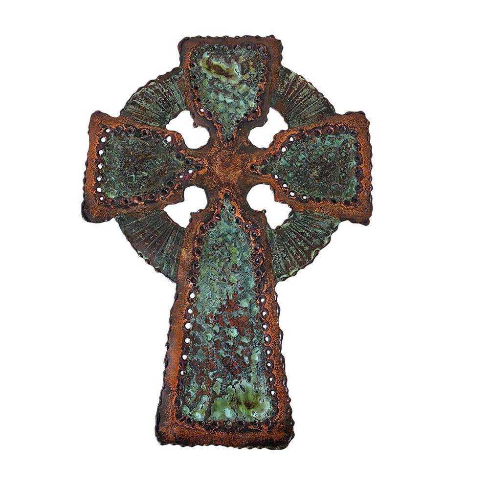 Vintage R. Downey Copper Enamel Celtic Wall Cross Green Patina Mid Century